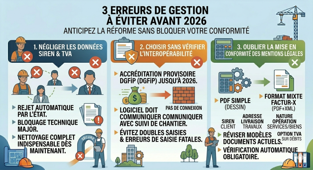 Infographie épurée des 3 erreurs de gestion BTP à éviter avant la facture électronique 2026 : Négliger données SIREN/TVA (rejet automatique), Choisir sans vérifier interopérabilité (failles de saisie), Oublier mentions légales (facture bloquée dès l'émission).