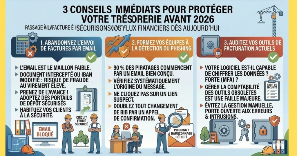 Infographie 3 conseils cyber sécurité BTP avant 2026 : Abandonnez l'envoi de factures par email, formez vos équipes à la détection du phishing, auditez vos outils de facturation actuels.