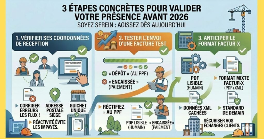 Infographie 3 étapes concrètes BTP pour valider sa présence avant 2026 : 1. Vérifier SIRET & adresse réception, 2. Tester l'envoi d'une facture test, 3. Anticiper le format Factur-X.