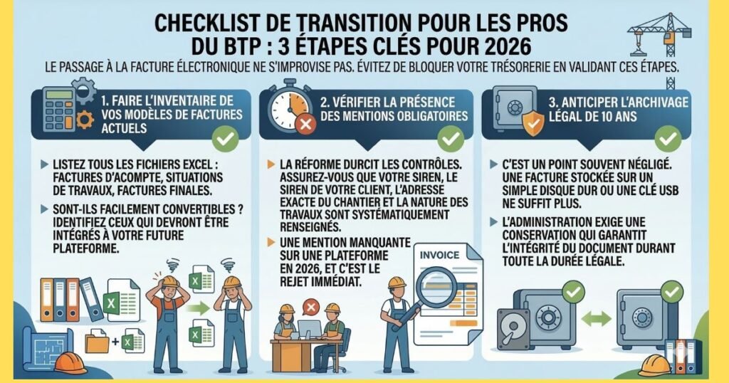 Infographie Checklist BTP 2026 : 3 étapes de transition vers la facture électronique (Inventaire Excel, mentions obligatoires SIREN, archivage légal 10 ans).