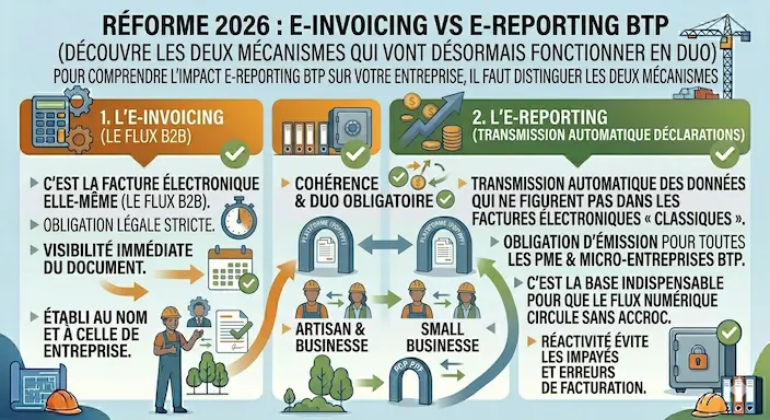 Infographie comparative E-invoicing vs E-reporting BTP  Distinguer les deux mécanismes qui vont désormais fonctionner en duo pour la réforme de la facture électronique 2026. E-invoicing  La facture électronique elle-même (le flux B2B). E-reporting  La transmission automatique à l'administration des données hors factures classiques.