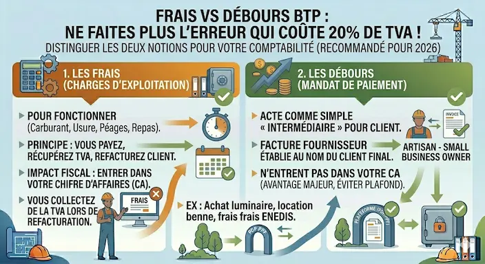Infographie comparative Frais vs Débours pour les entreprises BTP Distinguer les charges d’exploitation refacturées avec TVA des mandatés avancés au nom du client pour optimiser son Chiffre d’Affaires et éviter les redressements fiscaux de 20% TVA.