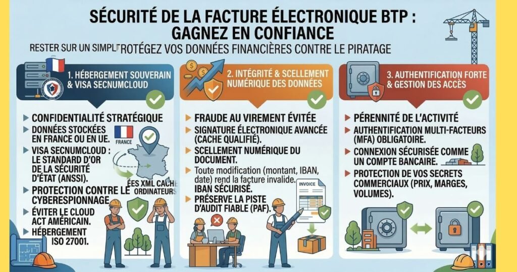 Infographie de la sécurité de la facture électronique BTP en 2026 : Gagnez en confiance, protégez vos données financières contre le piratage.