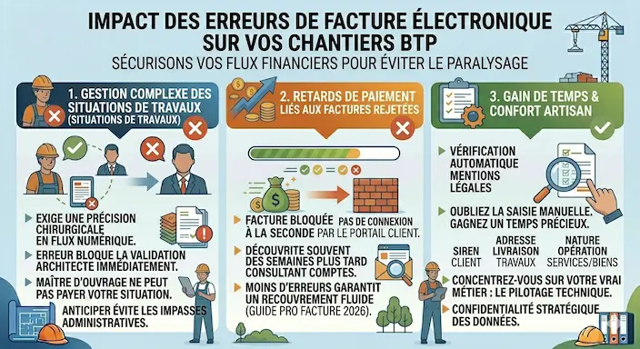 Infographie de l'impact des erreurs de facture électronique BTP  Gestion complexe situations de travaux (blocage validation architecte), Retards de paiement (découverte tardive erreurs), Gain de temps et confort artisan (concentration sur pilotage technique, données confidentielles).