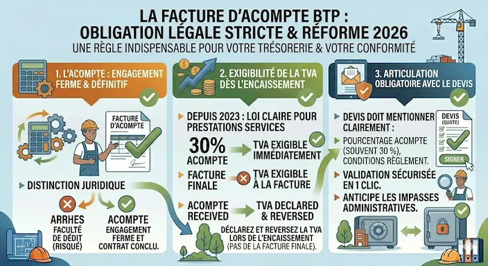 Infographie définissant la facture d'acompte électronique BTP en 2026 obligation légale stricte, distinction acomptearrhes, TVA exigible dès l'encaissement, articulation avec le devis.
