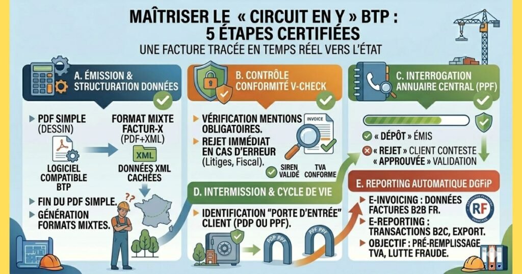 Infographie définissant le Circuit en Y pour la facture électronique BTP en 2026 : 5 étapes certifiées de l'émission au e-Reporting à la DGFiP, en passant par le V-Check, l'interrogation de l'annuaire central (PPF), et le suivi des statuts en temps réel.