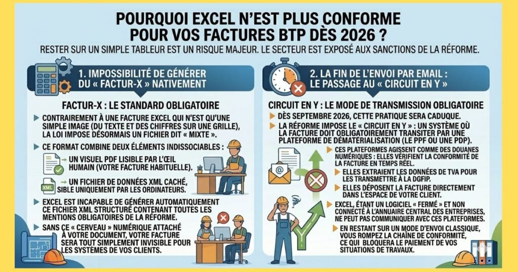 Infographie des 2 raisons techniques clés rendant Excel obsolète pour la facturation BTP électronique en 2026 : l'incapacité de générer le format obligatoire Factur-X (fichier mixte PDF+XML) et l'impossibilité de transmettre via le Circuit en Y (PPF/PDP) remplaçant l'email