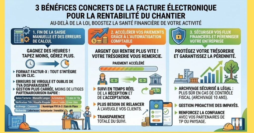 Infographie des 3 bénéfices concrets de la facture électronique pour les artisans du bâtiment (BTP) : gain de temps sur la saisie, paiements accélérés et pérennité de l'entreprise.
