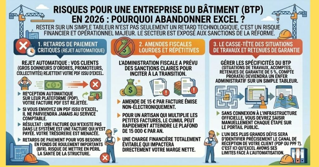 Infographie des 3 risques majeurs pour une entreprise BTP utilisant encore Excel en 2026 : rejets de paiement automatiques par les clients (PDP), amendes fiscales lourdes cumulées (15k€/an), et gestion complexe des situations de travaux et retenues de garantie.