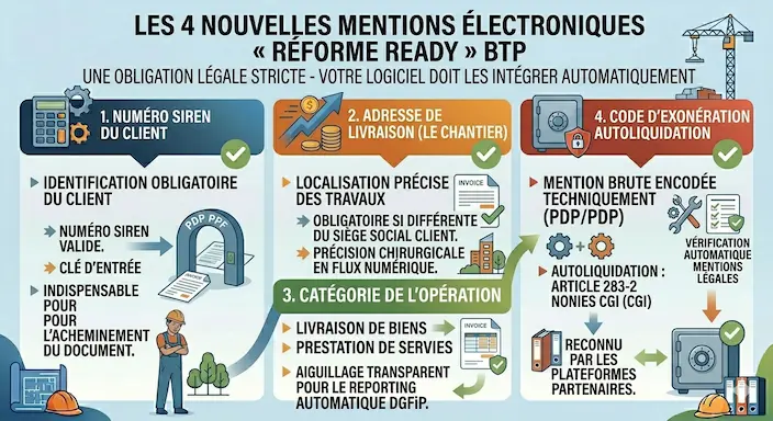 Infographie des 4 nouvelles mentions obligatoires « Réforme Ready » pour la facture électronique BTP  1. Numéro SIREN client, 2. Adresse de livraisonchantier, 3. Catégorie opération (BiensServices), 4. Code d'exonération autoliquidation encodé technique PDP.