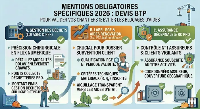 Infographie des mentions obligatoires spécifiques 2026 pour les devis BTP  Gestion des déchets (modalités, coût séparé), Label RGE et critères techniques aides d’État, Assurances Décennale & RC Pro (coordonnées, couverture).