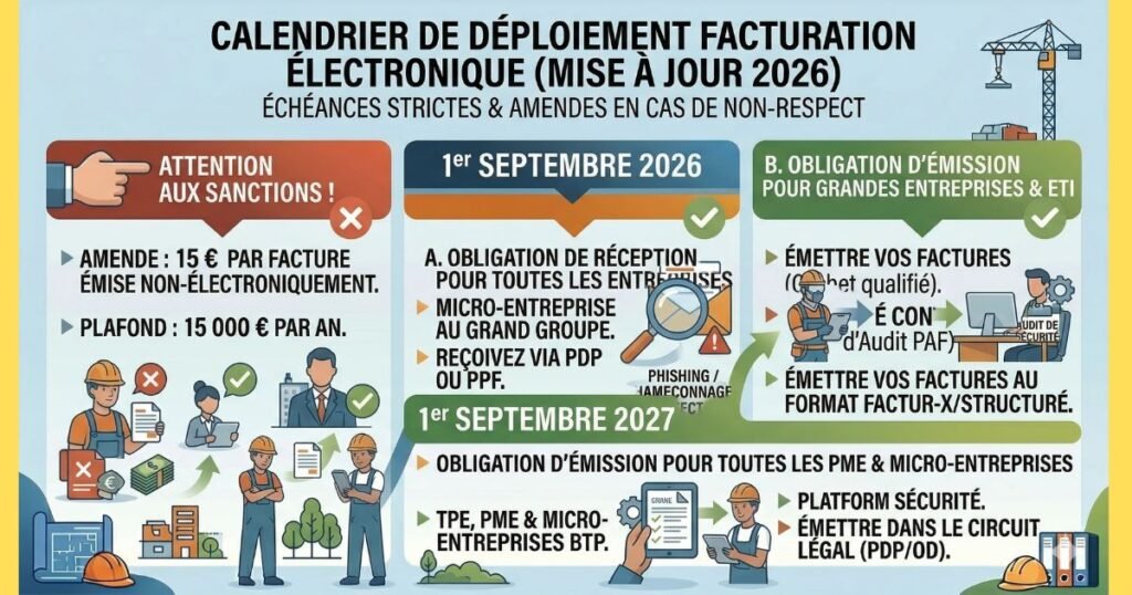 Infographie du calendrier de déploiement de la facture électronique en France (mise à jour 2026) : 1er sept 2026 (réception obligatoire pour tous, émission obligatoire GE/ETI), 1er sept 2027 (émission obligatoire PME/TPE BTP), amendes 15€/facture (plafond 15k€).
