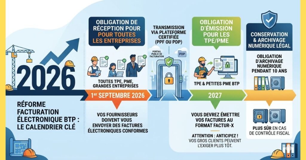 Infographie du calendrier de la réforme de la facturation électronique BTP pour 2026 : étapes clés pour les artisans et TPE du bâtiment.