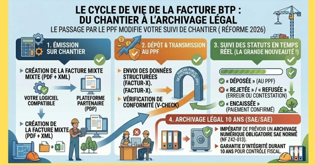 Infographie du cycle de vie de la facture BTP en 2026 : de l'émission sur chantier à l'archivage légal (SAE), en passant par le dépôt au PPF et le suivi des statuts en temps réel (déposée, encaissée, rejetée)