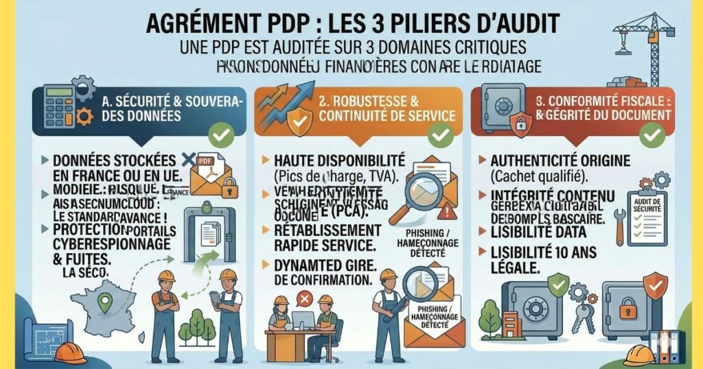Infographie épurée des 3 piliers d'audit pour l'agrément PDP : Sécurité & Souveraineté (SecNumCloud, ISO 27001), Robustesse & Continuité (PCA), Conformité Fiscale (Intégrité PAF, 10 ans légal).
