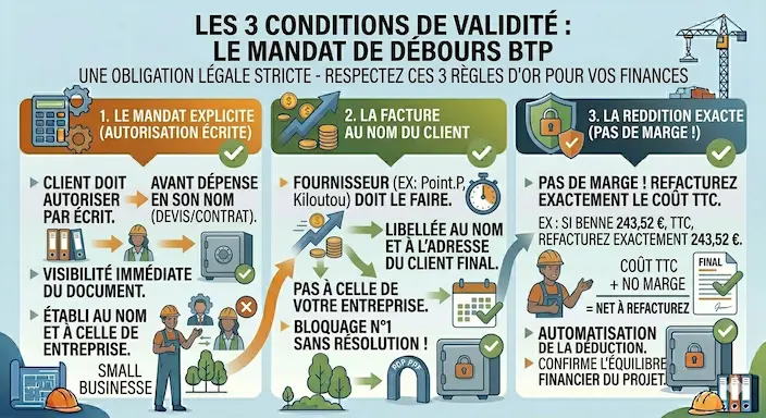 Infographie sur les 3 conditions de validité du mandat de débours BTP 1. Mandat explicite (autorisation écrite), 2. Facture au nom du client (Kiloutou, Point.P), 3. Reddition exacte (refacturation sans marge).