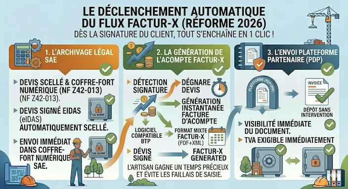 Le déclenchement automatique du flux Factur-X
Dès que votre client appose sa signature numérique 

L’archivage légal  Le devis est scellé et envoyé dans un coffre-fort numérique.
La génération de l’acompte  Votre logiciel détecte la signature et génère instantanément la facture d’acompte au format Factur-X.
L’envoi plateforme  Sans aucune intervention manuelle, cette facture est déposée sur la plateforme de dématérialisation (PDP) de votre client.