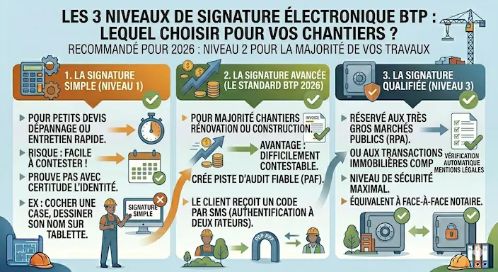 Les 3 niveaux de signature électronique  Lequel choisir pour vos chantiers 
Toutes les signatures numériques ne se valent pas. Le règlement européen eIDAS définit trois niveaux de sécurité. Pour un artisan du bâtiment en 2026, choisir le mauvais niveau, c’est comme poser une porte blindée sur un mur en plâtre  c’est inutile en cas d’effraction (ou de litige).

Niveau 1  La signature simple
C’est la plus courante (ex cocher une case, dessiner son nom sur une tablette).

Usage  Pour des petits devis de dépannage ou d’entretien rapide.
Le risque  Elle est facile à contester car elle ne prouve pas avec certitude l’identité de celui qui a signé.
Niveau 2  La signature avancée (Le standard BTP 2026)
C’est le niveau recommandé pour la majorité de vos chantiers de rénovation ou de construction.

Le principe  Le client reçoit un code par SMS (authentification à deux facteurs) pour valider son identité. Un certificat d’identité est lié au document.
L’avantage  Elle est difficilement contestable et crée une Piste d’Audit Fiable (PAF) parfaite pour vos factures électroniques.
Niveau 3  La signature qualifiée
C’est le niveau de sécurité maximal (équivalent à un face-à-face devant notaire).

Usage  Très rare pour un artisan, elle est réservée aux très gros marchés publics ou aux transactions immobilières complexes.
