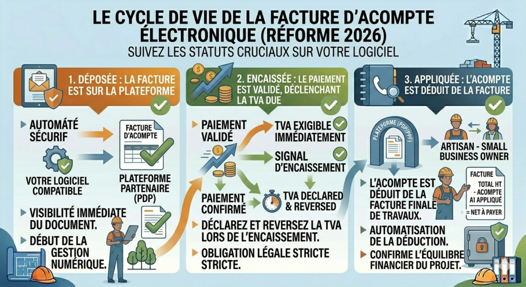 Le cycle de vie de la facture acompte électronique
En 2026, une facture d’acompte possède des statuts que vous devez suivre sur votre logiciel :
Déposée : La facture est sur la plateforme.
Encaissée : Le paiement est validé, déclenchant la TVA due.
Appliquée : L’acompte est déduit de la facture finale ou de la situation de travaux.