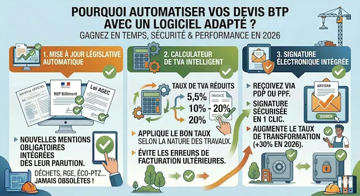 Pourquoi automatiser vos devis avec un logiciel adapté au métier 
En 2026, la complexité des mentions (déchets, critères RGE, taux de TVA réduits) rend la rédaction manuelle sur Word ou Excel extrêmement risquée. Utiliser un logiciel de devis BTP certifié offre trois avantages compétitifs 

Mise à jour législative automatique  les nouvelles mentions obligatoires sont intégrées dès leur parution au Journal Officiel.
Calculateur de TVA intelligent  le logiciel applique le bon taux (5,5%, 10% ou 20%) selon la nature des travaux, évitant les erreurs de facturation ultérieures.
Signature électronique intégrée  en 2026, la rapidité de signature est la clé. Un devis envoyé par e-mail avec un bouton « Signer » sécurisé augmente votre taux de transformation de 30%.