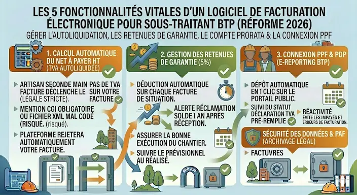 Infographie sur les 5 fonctionnalités vitales d'un logiciel de facturation électronique pour sous-traitant BTP : Calcul automatique Net à Payer HT, Gestion Retenues de garantie 5%, Connexion PPF/PDP, Compte prorata, Sécurité des données (PAF)