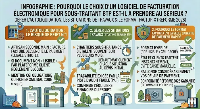Infographie sur l'importance du choix d'un logiciel de facturation électronique pour sous-traitant BTP : Gérer l'autoliquidation TVA (risque n°1 rejet), Factures de situation chronologiques (traçabilité PAF), et format Factur-X (paiement rapide)
